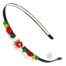 Load image into Gallery viewer, flexible headband embellished with colorful white and red flowers, accented with crystal beads, Colorful Flowers Headband
