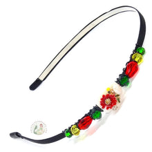 Load image into Gallery viewer, flexible headband embellished with colorful white and red flowers, side-accented with Czech crystal beads, Colorful Flowers Headband
