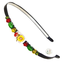 Load image into Gallery viewer, flexible headband embellished with colorful red and yellow flowers, accented with crystal beads, Colorful Flowers Headband
