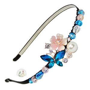 sparkly aqua crystal butterfly, flower and faux pearl embellished flexible headband adorned with Austrian crystal beads, Crystal Butterfly Headband