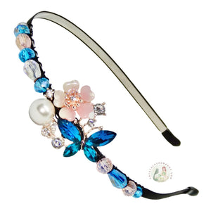 shiny aqua crystal butterfly, faux pearl and flower embellished flexible headband adorned with sparkly Austrian crystal beads, Crystal Butterfly Headband