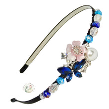 Load image into Gallery viewer, sparkly navy crystal butterfly, flower and faux pearl embellished flexible headband adorned with Austrian crystal beads, Crystal Butterfly Headband
