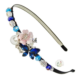 shiny navy crystal butterfly, faux pearl and flower embellished flexible headband adorned with sparkly Austrian crystal beads, Crystal Butterfly Headband