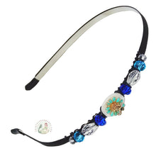 Load image into Gallery viewer, blue daisy flower and honey bee embellished no-pinch headband, accented with Czech crystal beads, Daisy Flower and Honey Bee Headband
