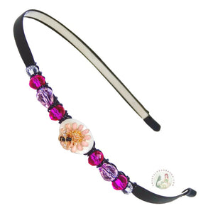 pink daisy flower and honey bee embellished flexible headband, accented with Czech crystal beads, Daisy Flower and Honey Bee Headband