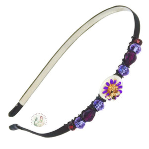 purple daisy flower and honey bee embellished no-pinch headband, accented with Czech crystal beads, Daisy Flower and Honey Bee Headband