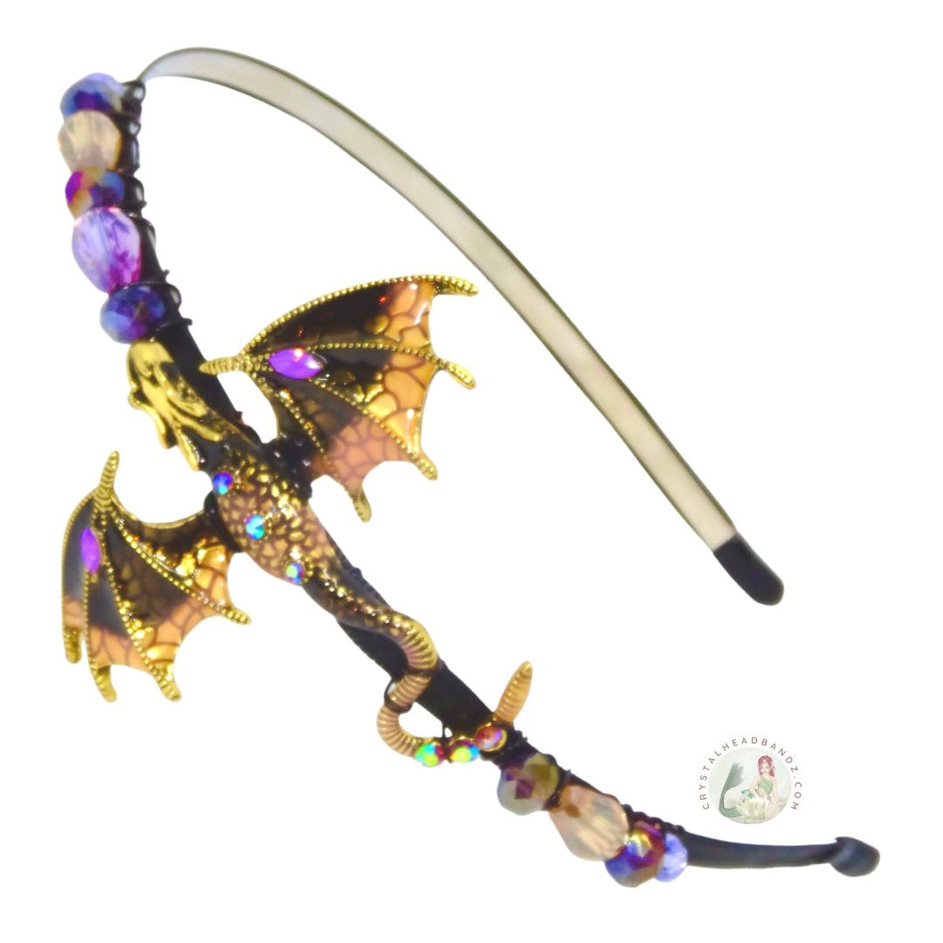 flexible headband embellished with an enameled earth dragon, decorated with crystal beads, Renaissance Dragon Headband