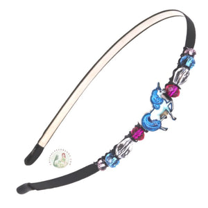 Blue enameled unicorn decorated flexible headband, side accented with fancy crystal beads. Enameled Unicorn Headband 