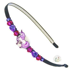 flexible headband side decorated with an enameled purple unicorn and Czech crystal beads, Enameled Unicorn Headband
