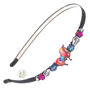 Rainbow colored enameled unicorn decorated flexible headband, side accented with fancy crystal beads. Enameled Unicorn Headband 