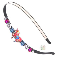 Load image into Gallery viewer, flexible headband side decorated with an enameled rainbow unicorn and Czech crystal beads, Enameled Unicorn Headband

