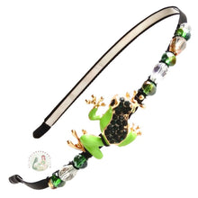 Load image into Gallery viewer, enameled green leaf frog embellished flexible headband, decorated with sparkly Austrian crystal beads, Leaf Frog Headband
