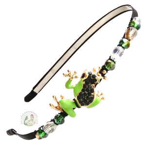 enameled green leaf frog embellished flexible headband, decorated with sparkly Austrian crystal beads, Leaf Frog Headband