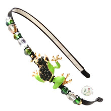 Load image into Gallery viewer, flexible headband embellished with an enameled green leaf frog, decorated with sparkly Austrian crystal beads, Leaf Frog Headband
