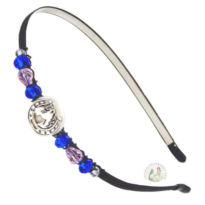 horse and horseshoe embellished flexible headband, accented with blue Czech crystal beads, Horse and Horseshoe Embellished Headband