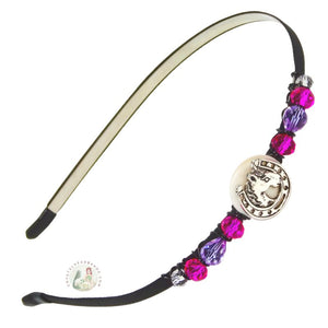 horse and horseshoe embellished flexible headband, side-accented with pink shiny crystal beads, Horse and Horseshoe Embellished Headband