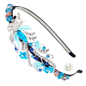jeweled aqua peacock embellished flexible headband, accented with Bohemian crystal beads, Jeweled Peacock Headband
