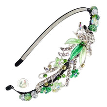 Load image into Gallery viewer, jeweled green peacock decorated flexible headband, accented with sparkly Bohemian crystal beads, Jeweled Peacock Headband
