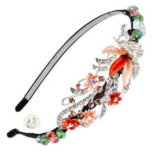 Load image into Gallery viewer, jeweled peach peacock decorated flexible headband, accented with sparkly Bohemian crystal beads, Jeweled Peacock Headband
