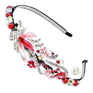 jeweled pink peacock embellished flexible headband, accented with Bohemian crystal beads, Jeweled Peacock Headband