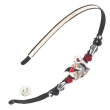 Load image into Gallery viewer, flexible headband embellished with a little black enameled dragon centerpiece, side-accented with Czech crystal beads, Little Dragon Headband
