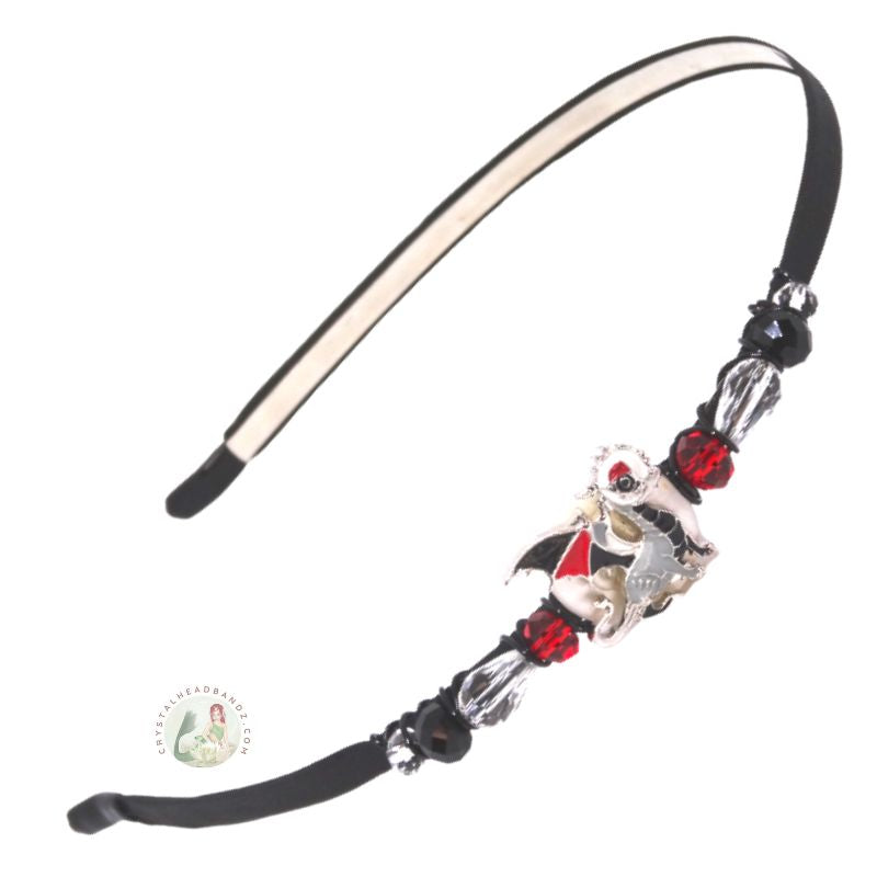 flexible headband embellished with a little black enameled dragon centerpiece, side-accented with Czech crystal beads, Little Dragon Headband