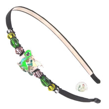 Load image into Gallery viewer, enameled green dragon decorated flexible headband, side accented with fancy crystal beads. Little Dragon Headband 
