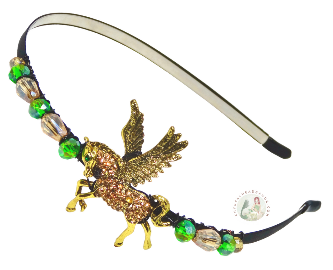 flexible headband embellished with sparkly mythic gold pegasus, decorated with crystal beads, Mythic Pegasus Headband