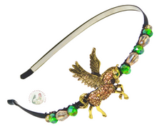 Load image into Gallery viewer, no-pinch headband embellished with sparkly mythic gold pegasus, decorated with Austrian crystal beads, Mythic Pegasus Headband
