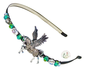 flexible headband embellished with sparkly mythic silver pegasus, decorated with crystal beads, Mythic Pegasus Headband