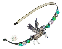 Load image into Gallery viewer, no-pain headband embellished with sparkly mythic silver pegasus, decorated with Austrian crystal beads, Mythic Pegasus Headband
