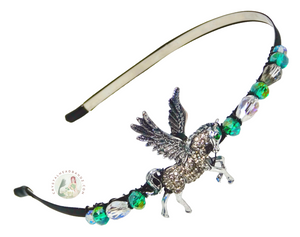 no-pain headband embellished with sparkly mythic silver pegasus, decorated with Austrian crystal beads, Mythic Pegasus Headband