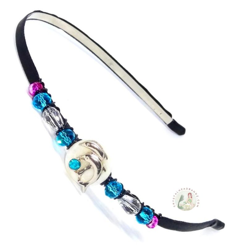 playful dolphins embellished flexible headband, accented with aqua crystal beads, Playful Dolphin Headband