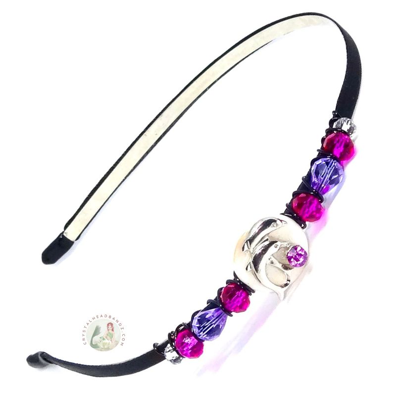 playful dolphins embellished flexible headband, accented with pretty pink Czech crystal beads, Playful Dolphin Headband