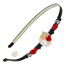 Load image into Gallery viewer, flexible headband embellished with a red rose and pearl centerpiece and accented with fancy crystal beads, Rose with Pearl Headband
