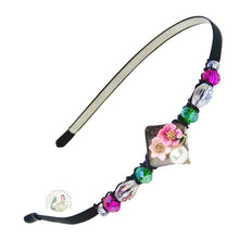 Load image into Gallery viewer, flexible headband embellished with enameled flowers, a faux pearl and Austrian crystal beads, Spring Jewel Headband
