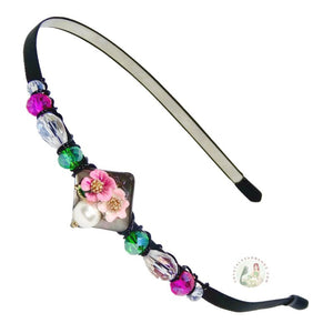 flexible headband side accented with enameled pink flowers, a faux pearl and Austrian crystal beads, Spring Jewel Headband