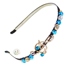 Load image into Gallery viewer, treble clef and music note embellished flexible headband, accented with aqua, amber, and white Austrian crystal beads, Music Notes Headband
