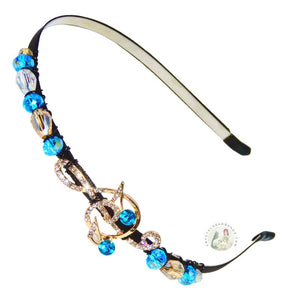 flexible headband embellished with treble clef and music note, accented with aqua, amber, and white Austrian crystal beads, Music Notes Headband
