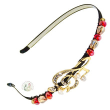 Load image into Gallery viewer, treble clef with pearl music note embellished flexible headband, accented with red and amber Austrian crystal beads, Music Notes Headband
