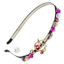 Load image into Gallery viewer, treble clef and music note embellished flexible headband, accented with pink, amber, and white Austrian crystal beads, Music Notes Headband
