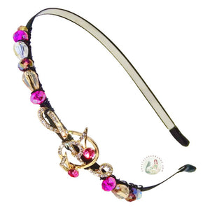 flexible headband embellished with treble clef and music note, accented with pink, amber, and white Austrian crystal beads, Music Notes Headband